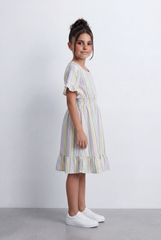 Girl's Striped Poplin Tomato Store Dress Flutter Sleeve Fit-And-Flare With Elasticated Waist