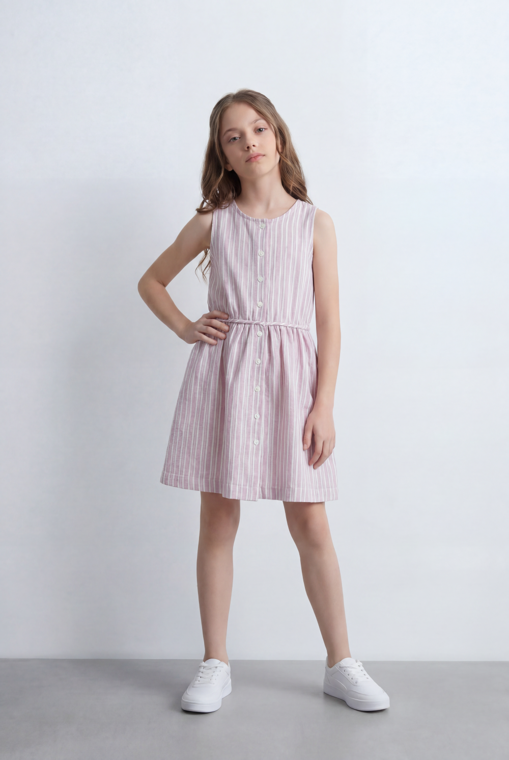 Girls Vertical Stripe Dress with Buttons