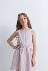 Girl's Tomato Store Stripe Dress Vertical Line Pattern Front Button Detail Sleeveless Design Gathered Waist Flared Skirt Shape