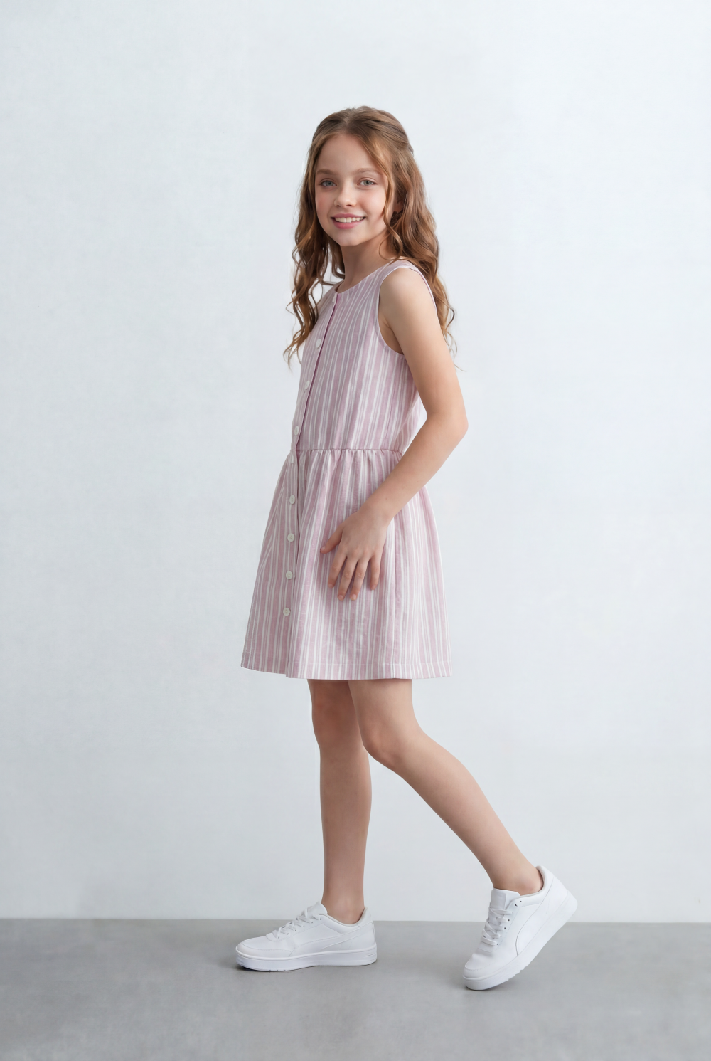 Girl's Tomato Store Stripe Dress Vertical Line Pattern Front Button Detail Sleeveless Design Gathered Waist Flared Skirt Shape