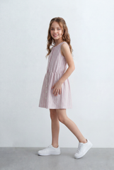 Girl's Tomato Store Stripe Dress Vertical Line Pattern Front Button Detail Sleeveless Design Gathered Waist Flared Skirt Shape