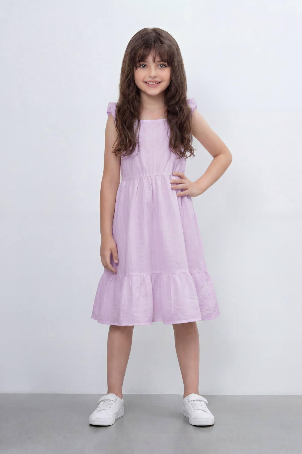 Girl's Tomato Store Seersucker Midi Slim Fit Dress With Crinkle Woven Texture Subtle Stripe Surface Ruffle Shoulder Detail Gathered Waist Side Pockets