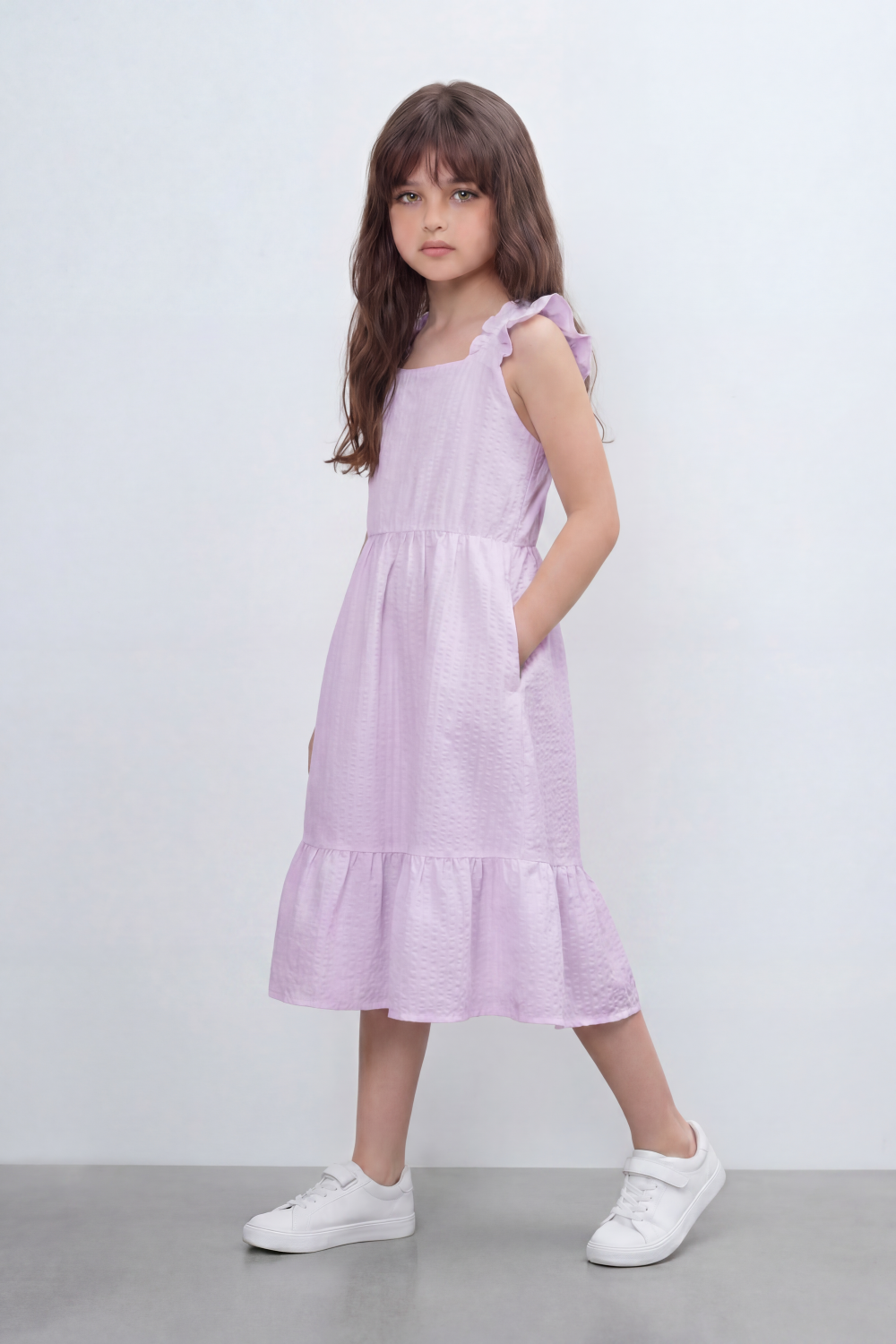 Girl's Tomato Store Seersucker Midi Slim Fit Dress With Crinkle Woven Texture Subtle Stripe Surface Ruffle Shoulder Detail Gathered Waist Side Pockets
