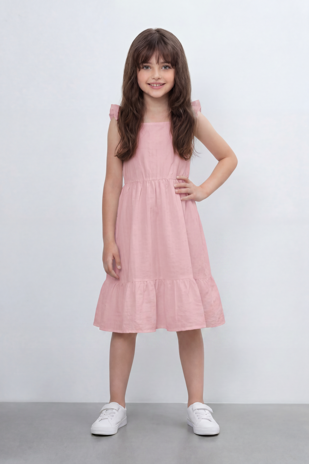 Girl's Tomato Store Seersucker Midi Slim Fit Dress With Crinkle Woven Texture Subtle Stripe Surface Ruffle Shoulder Detail Gathered Waist Side Pockets