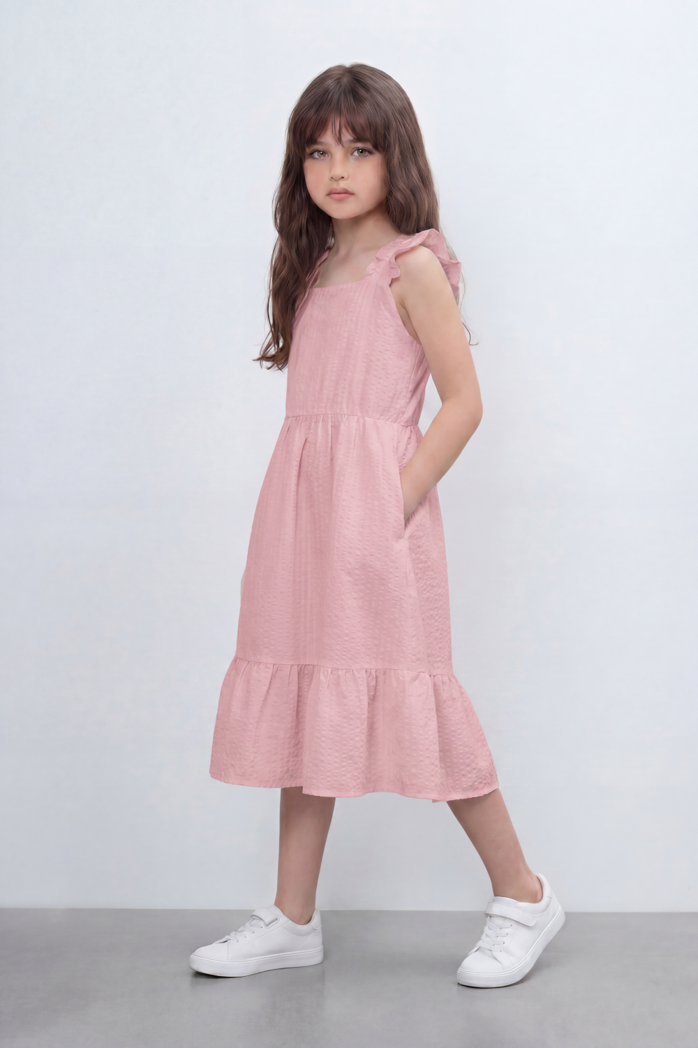 Girl's Tomato Store Seersucker Midi Slim Fit Dress With Crinkle Woven Texture Subtle Stripe Surface Ruffle Shoulder Detail Gathered Waist Side Pockets
