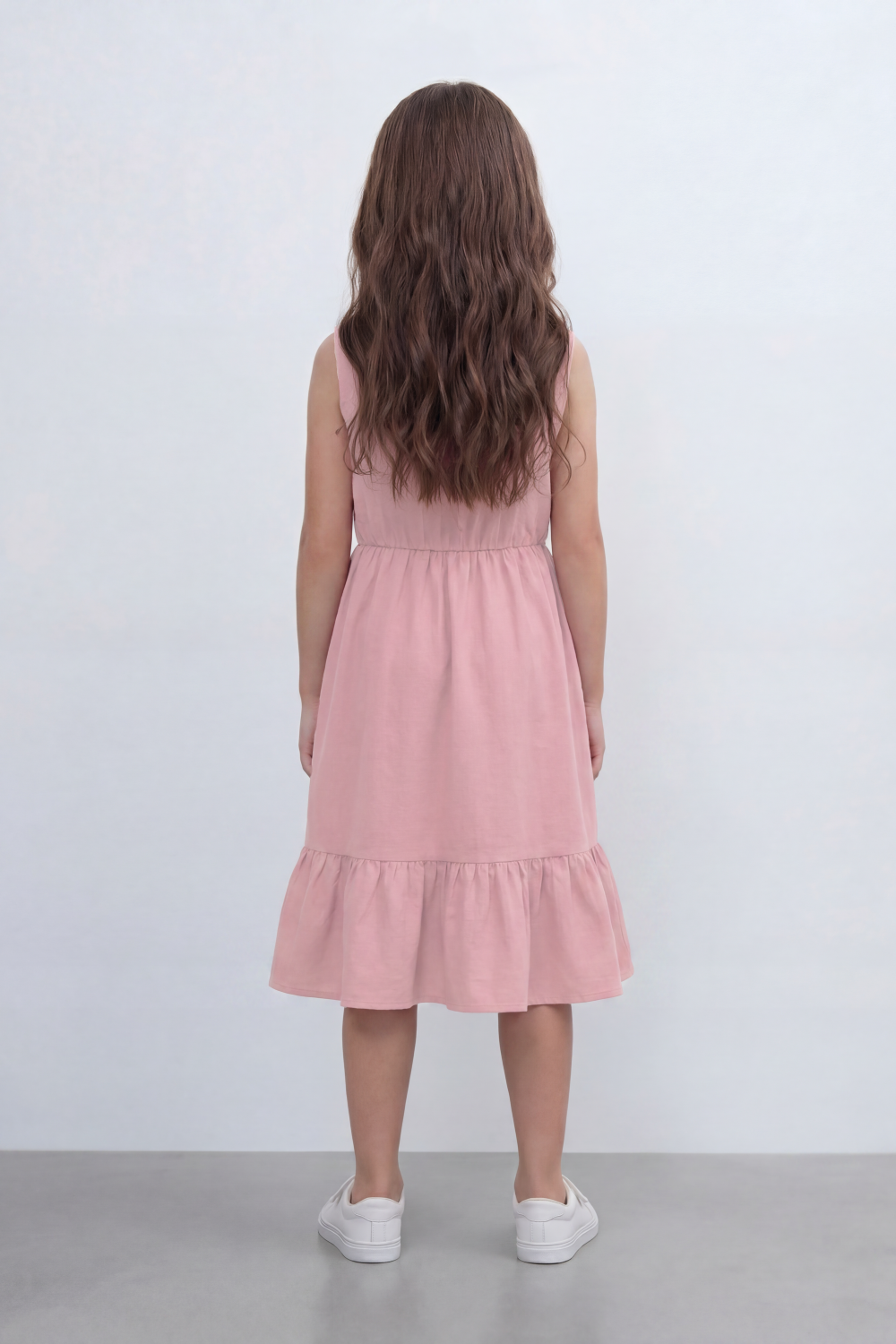 Girl's Tomato Store Seersucker Midi Slim Fit Dress With Crinkle Woven Texture Subtle Stripe Surface Ruffle Shoulder Detail Gathered Waist Side Pockets