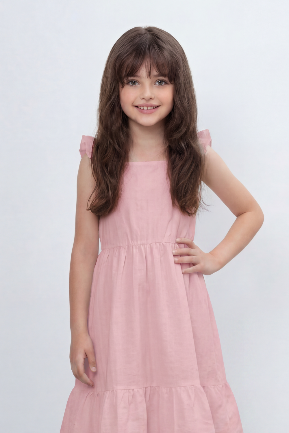 Girl's Tomato Store Seersucker Midi Slim Fit Dress With Crinkle Woven Texture Subtle Stripe Surface Ruffle Shoulder Detail Gathered Waist Side Pockets