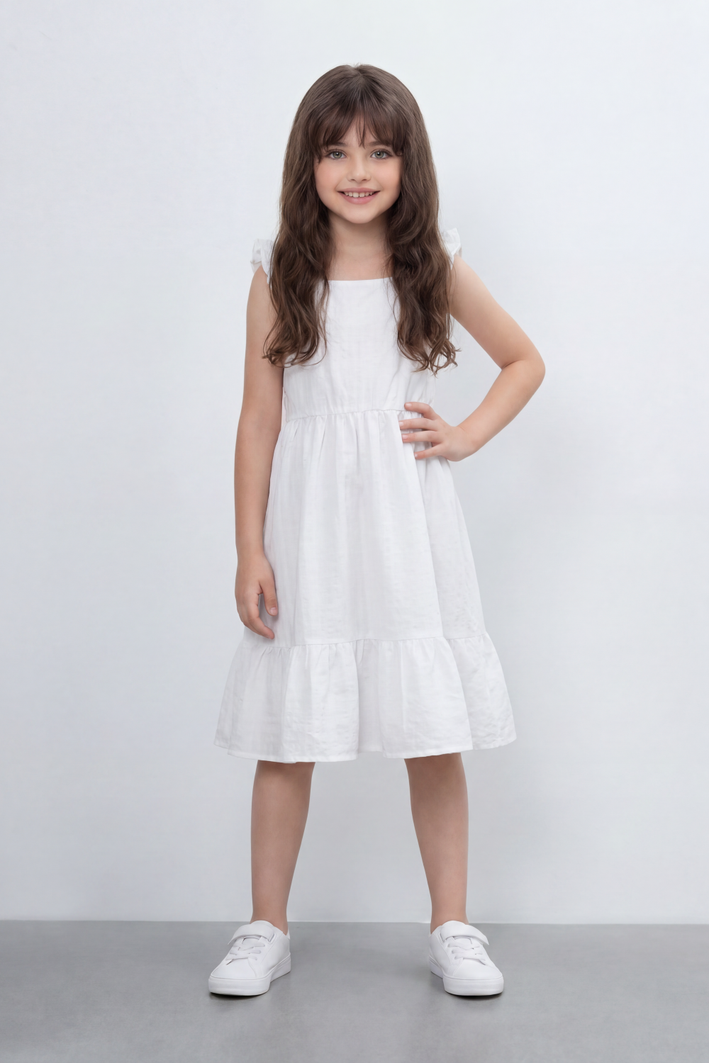 Girl's Tomato Store Seersucker Midi Slim Fit Dress With Crinkle Woven Texture Subtle Stripe Surface Ruffle Shoulder Detail Gathered Waist Side Pockets