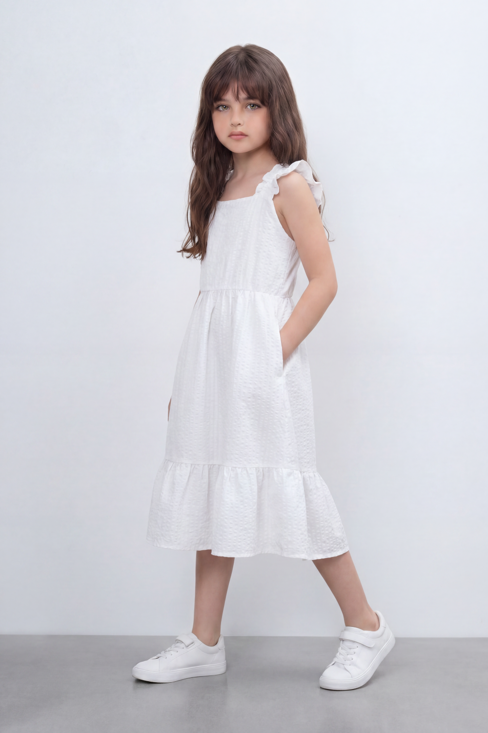 Girl's Tomato Store Seersucker Midi Slim Fit Dress With Crinkle Woven Texture Subtle Stripe Surface Ruffle Shoulder Detail Gathered Waist Side Pockets
