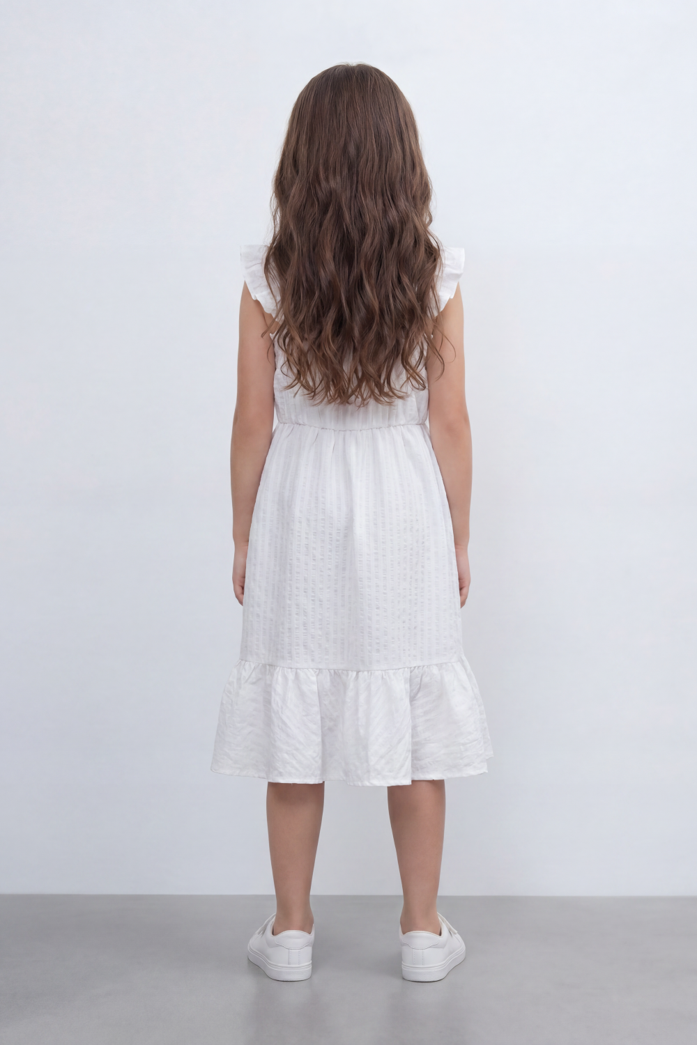 Girl's Tomato Store Seersucker Midi Slim Fit Dress With Crinkle Woven Texture Subtle Stripe Surface Ruffle Shoulder Detail Gathered Waist Side Pockets