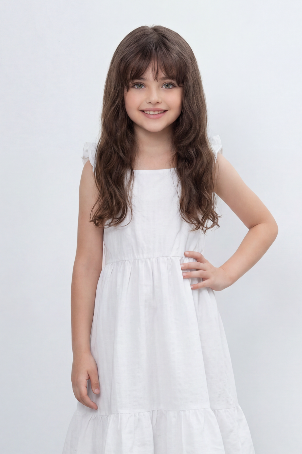 Girl's Tomato Store Seersucker Midi Slim Fit Dress With Crinkle Woven Texture Subtle Stripe Surface Ruffle Shoulder Detail Gathered Waist Side Pockets