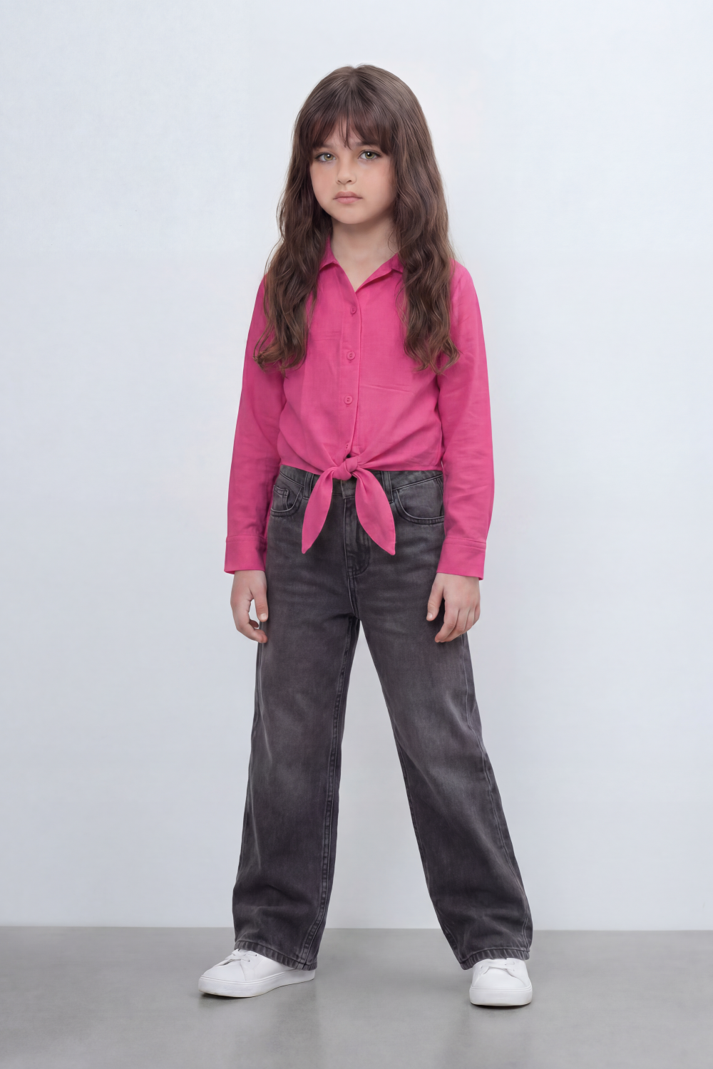 Girl's Tomato Store Knot Hem Linen Blouse With Soft Washed Slub Texture Plain Solid Surface Button Front Detail Front Tie Hem Slim Fit