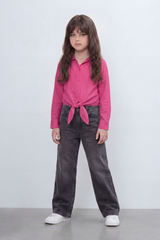 Girl's Tomato Store Knot Hem Linen Blouse With Soft Washed Slub Texture Plain Solid Surface Button Front Detail Front Tie Hem Slim Fit