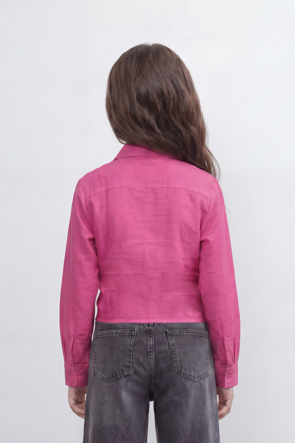 Girl's Tomato Store Knot Hem Linen Blouse With Soft Washed Slub Texture Plain Solid Surface Button Front Detail Front Tie Hem Slim Fit