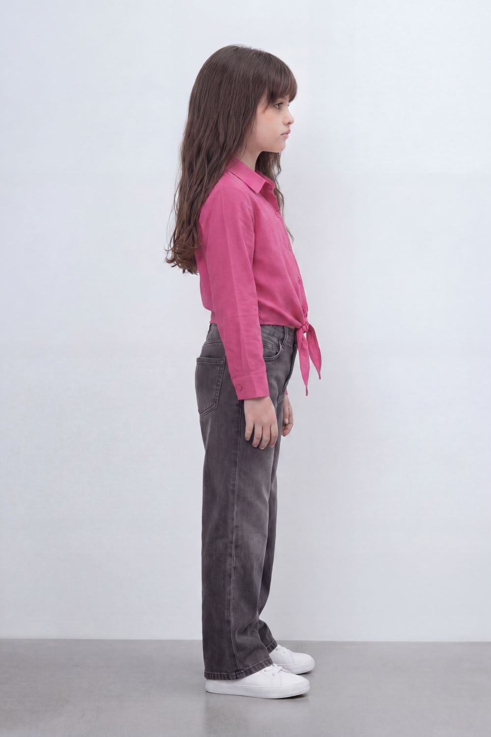 Girl's Tomato Store Knot Hem Linen Blouse With Soft Washed Slub Texture Plain Solid Surface Button Front Detail Front Tie Hem Slim Fit