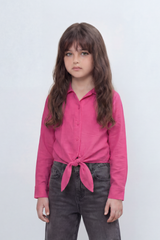 Girl's Tomato Store Knot Hem Linen Blouse With Soft Washed Slub Texture Plain Solid Surface Button Front Detail Front Tie Hem Slim Fit