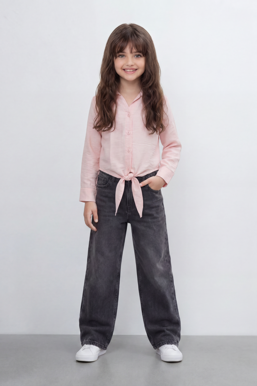 Girl's Tomato Store Knot Hem Linen Blouse With Soft Washed Slub Texture Plain Solid Surface Button Front Detail Front Tie Hem Slim Fit