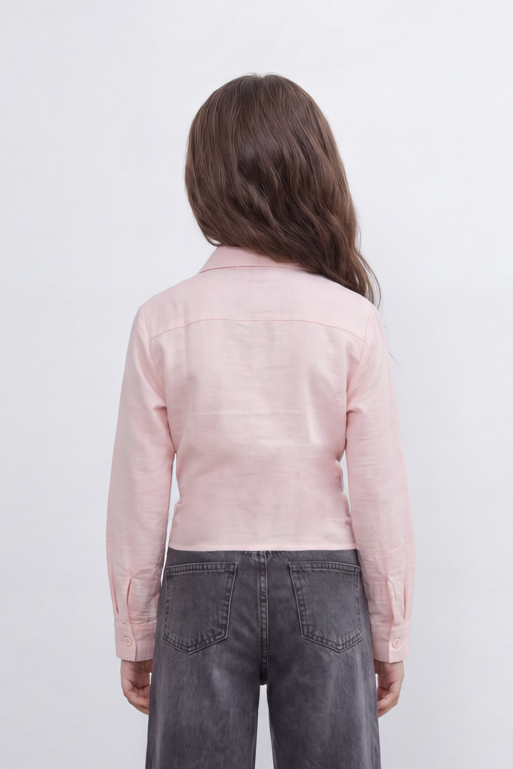 Girl's Tomato Store Knot Hem Linen Blouse With Soft Washed Slub Texture Plain Solid Surface Button Front Detail Front Tie Hem Slim Fit