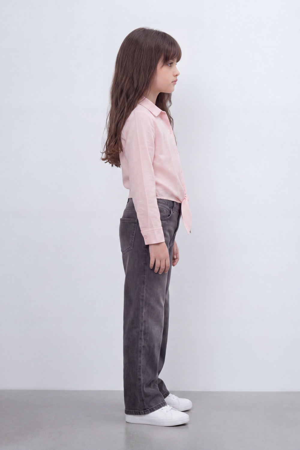 Girl's Tomato Store Knot Hem Linen Blouse With Soft Washed Slub Texture Plain Solid Surface Button Front Detail Front Tie Hem Slim Fit