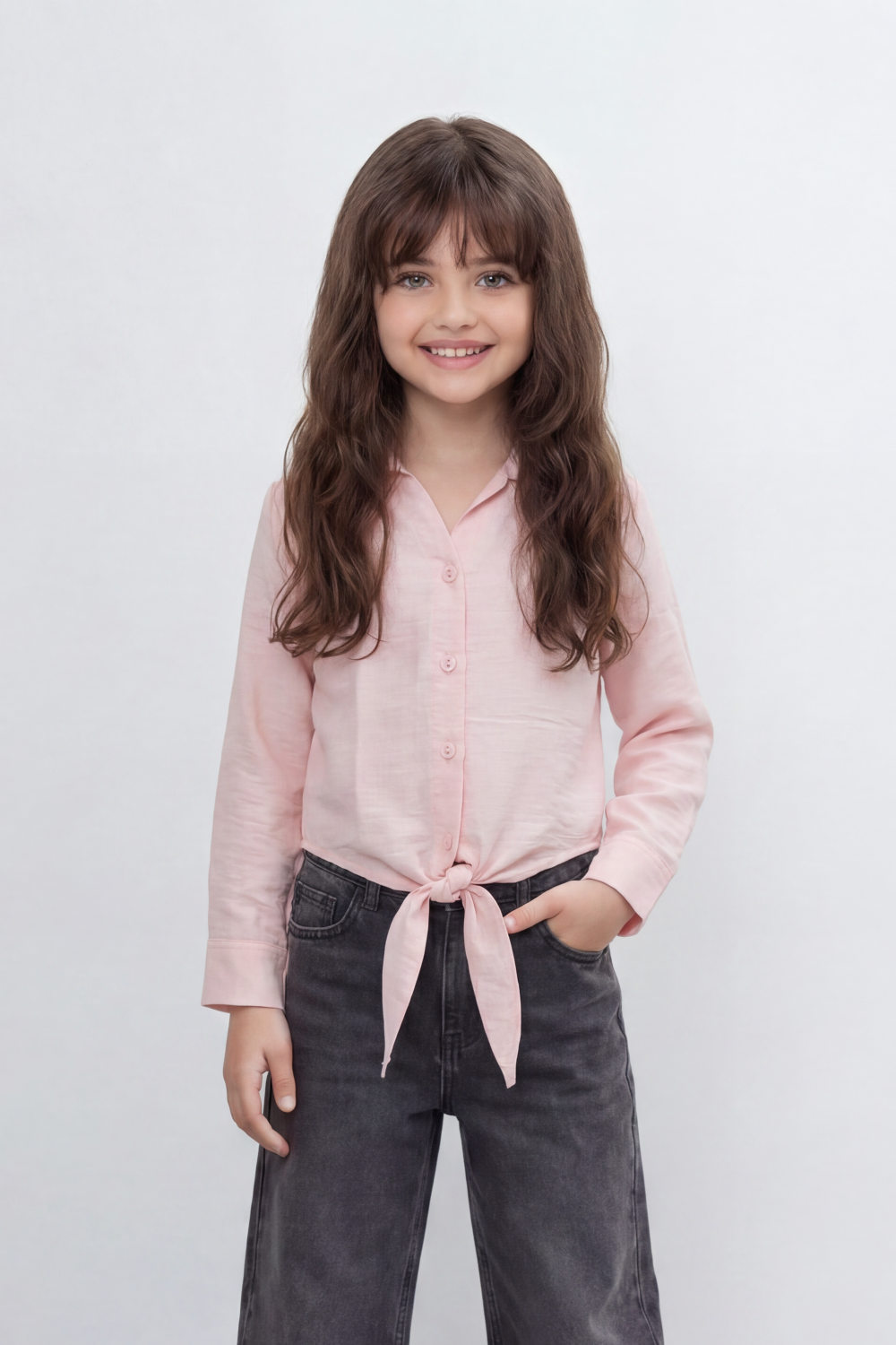 Girl's Tomato Store Knot Hem Linen Blouse With Soft Washed Slub Texture Plain Solid Surface Button Front Detail Front Tie Hem Slim Fit