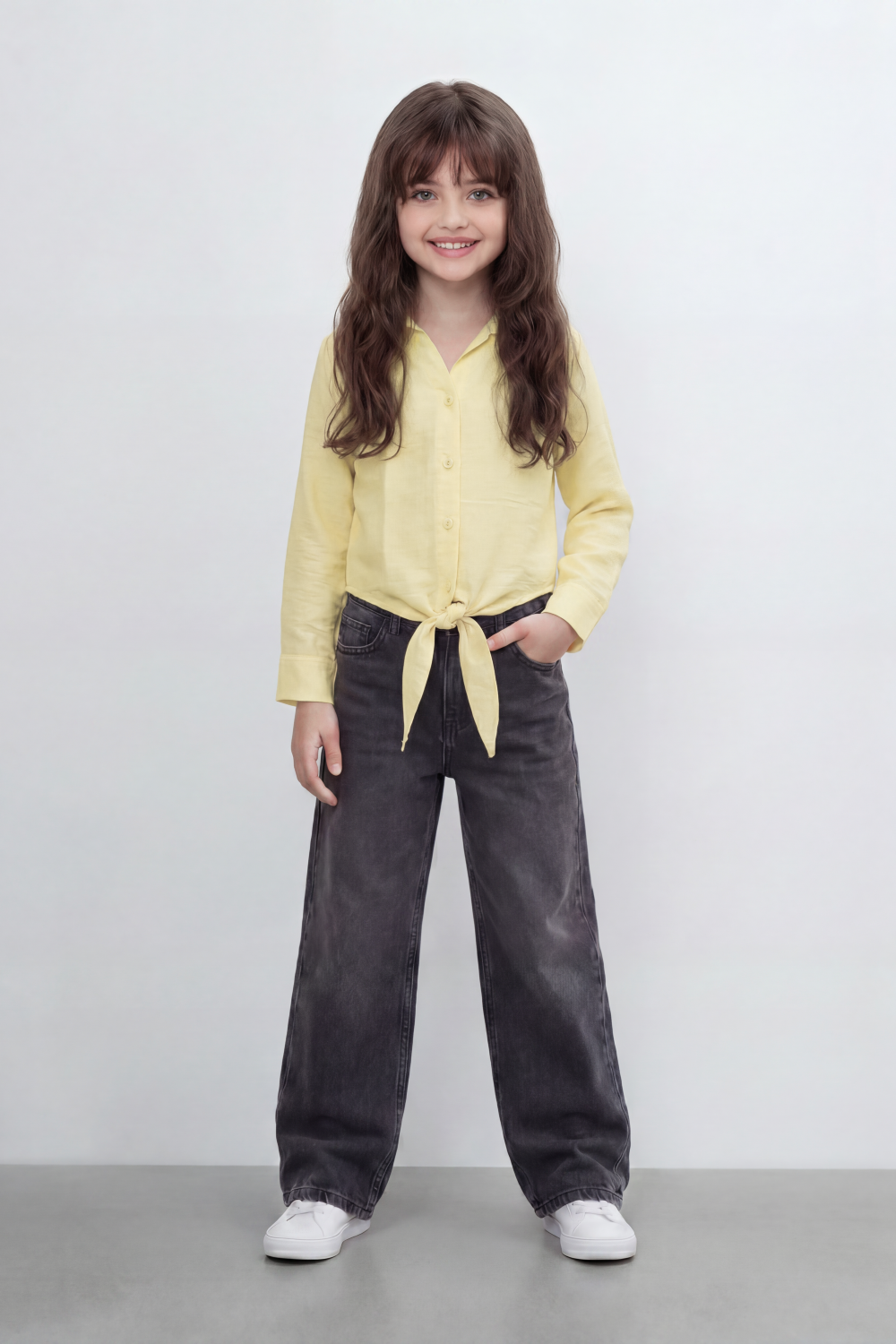 Girl's Tomato Store Knot Hem Linen Blouse With Soft Washed Slub Texture Plain Solid Surface Button Front Detail Front Tie Hem Slim Fit