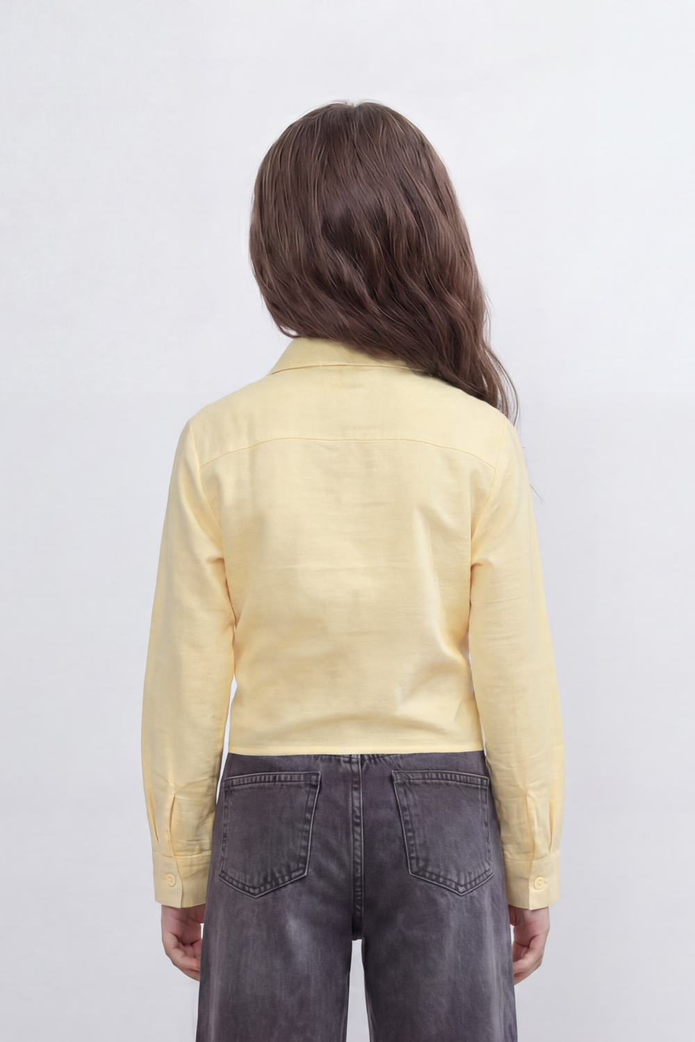 Girl's Tomato Store Knot Hem Linen Blouse With Soft Washed Slub Texture Plain Solid Surface Button Front Detail Front Tie Hem Slim Fit