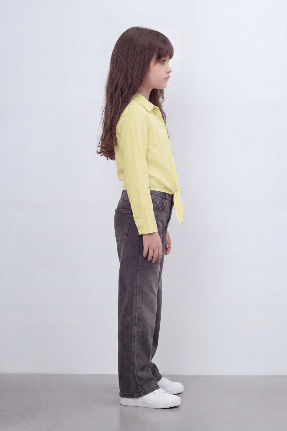 Girl's Tomato Store Knot Hem Linen Blouse With Soft Washed Slub Texture Plain Solid Surface Button Front Detail Front Tie Hem Slim Fit
