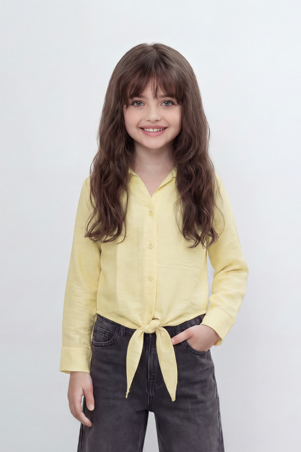 Girl's Tomato Store Knot Hem Linen Blouse With Soft Washed Slub Texture Plain Solid Surface Button Front Detail Front Tie Hem Slim Fit