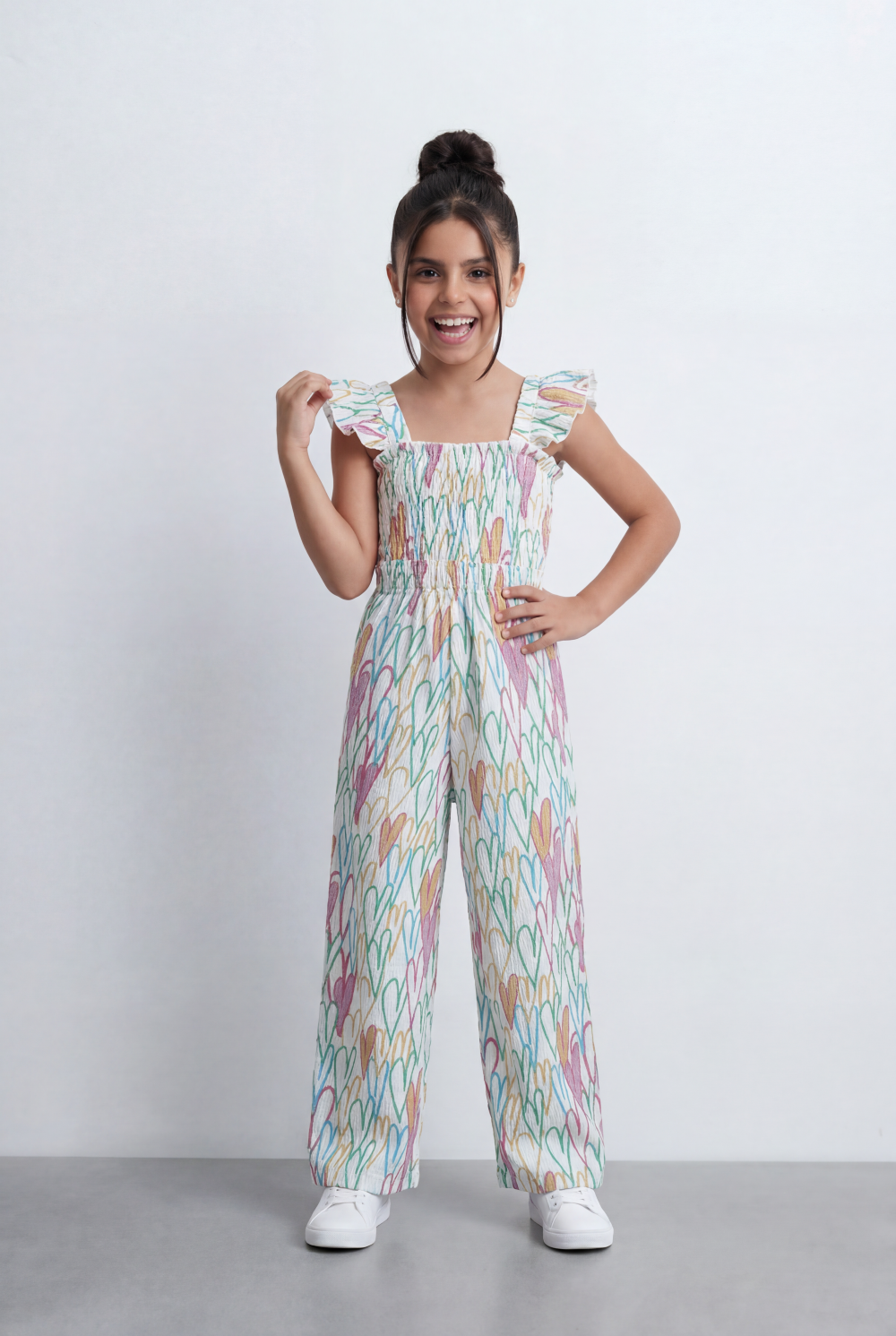 Girl's Heart Print Jumpsuit Smocked Bodice With Ruffle Straps Tomato Store