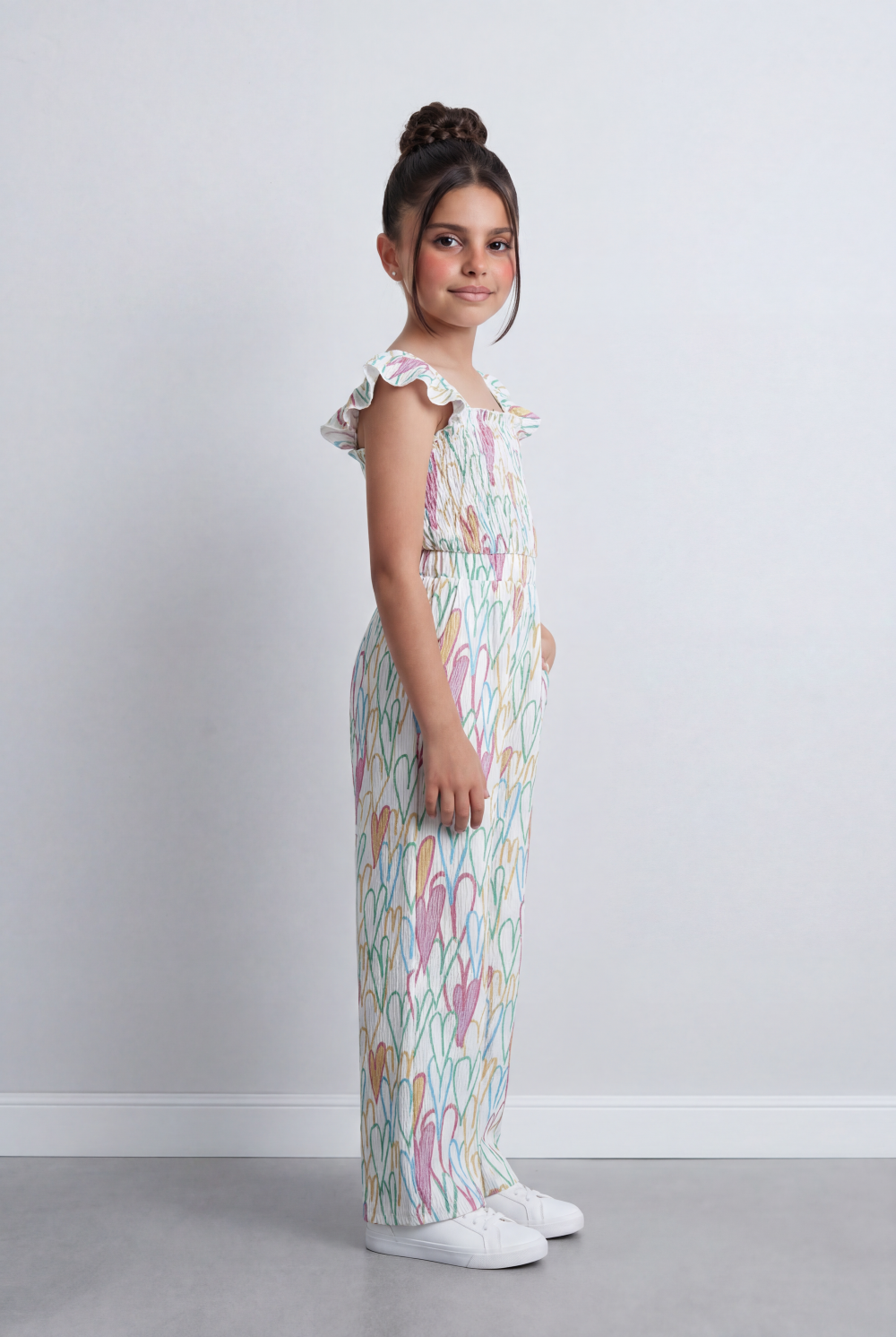 Girl's Heart Print Jumpsuit Smocked Bodice With Ruffle Straps Tomato Store