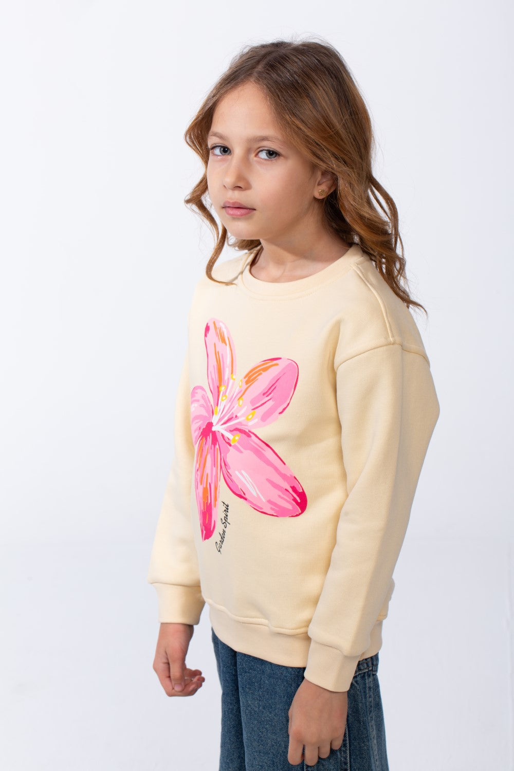 Girl’s Front Flower Print Melton Slim Fit Rounded Neck Sweatshirt
