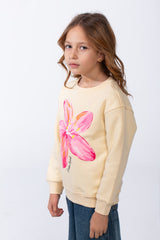 Girl’s Front Flower Print Melton Slim Fit Rounded Neck Sweatshirt