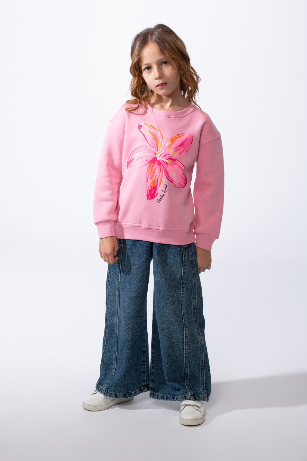 Girl’s Front Flower Print Melton Slim Fit Rounded Neck Sweatshirt