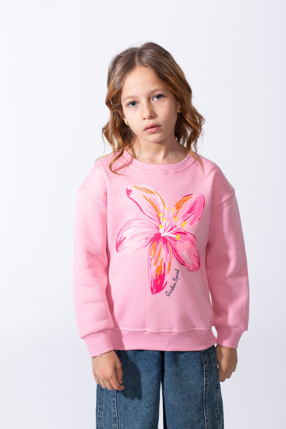 Girl’s Front Flower Print Melton Slim Fit Rounded Neck Sweatshirt