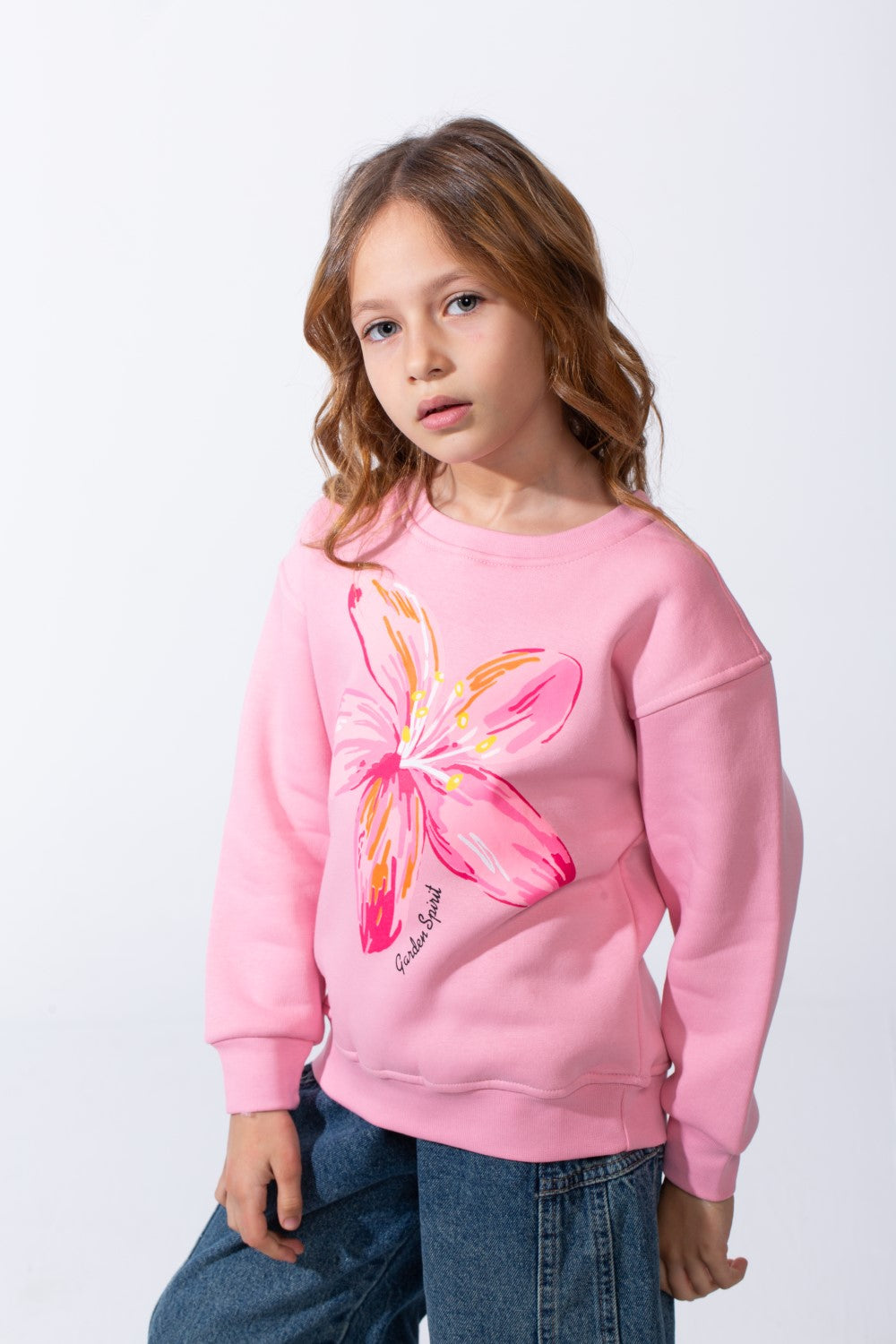 Girl’s Front Flower Print Melton Slim Fit Rounded Neck Sweatshirt