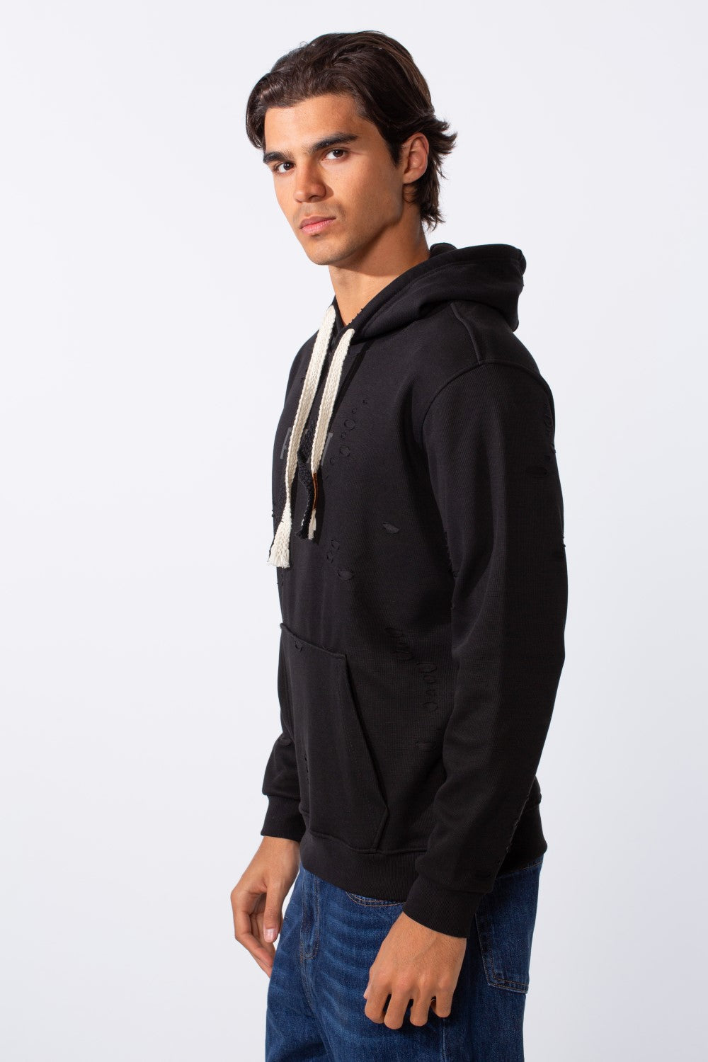 Men's Ripped Slim Fit Kangaroo Pocket Hood Sweatshirt