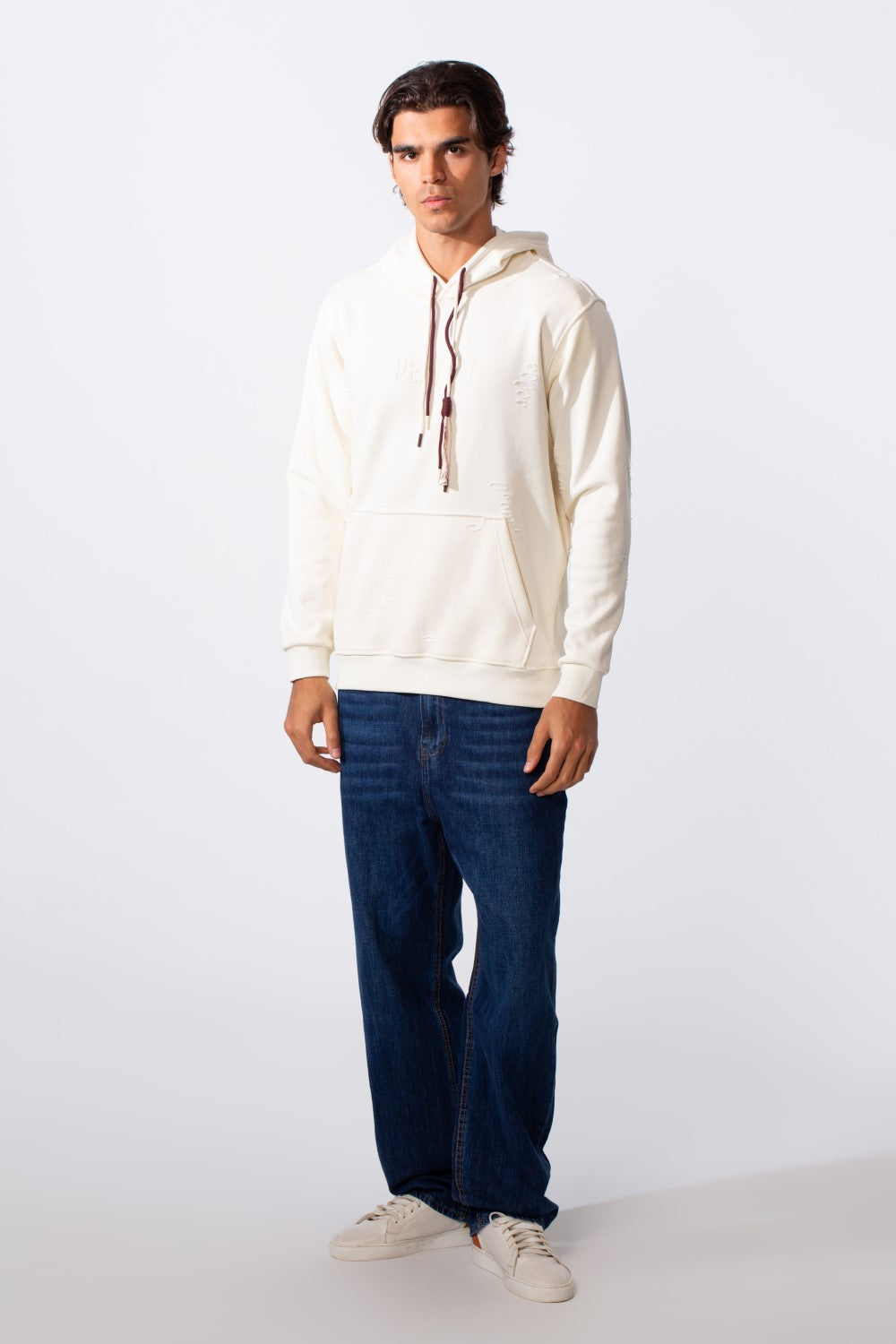 Men's Ripped Slim Fit Kangaroo Pocket Hood Sweatshirt