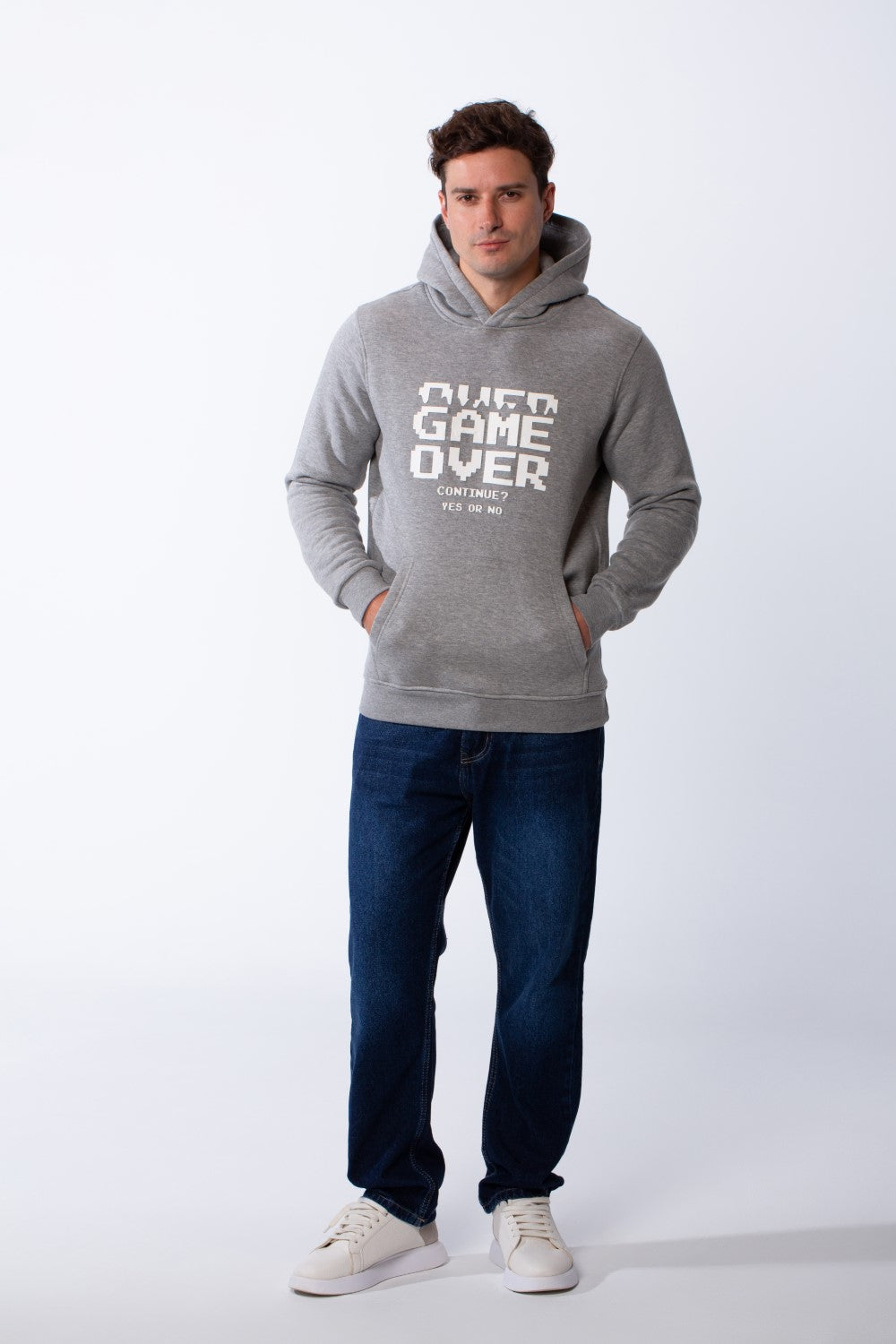 Men's Kangaroo Front Pockets Long Sleeves Design With Hooded Text Print Detail Slim Fit Melton Sweatshirt