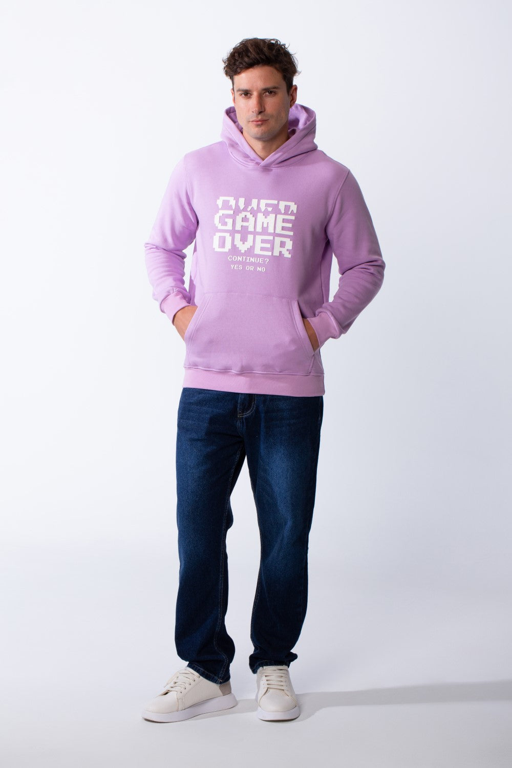 Men's Kangaroo Front Pockets Long Sleeves Design With Hooded Text Print Detail Slim Fit Melton Sweatshirt