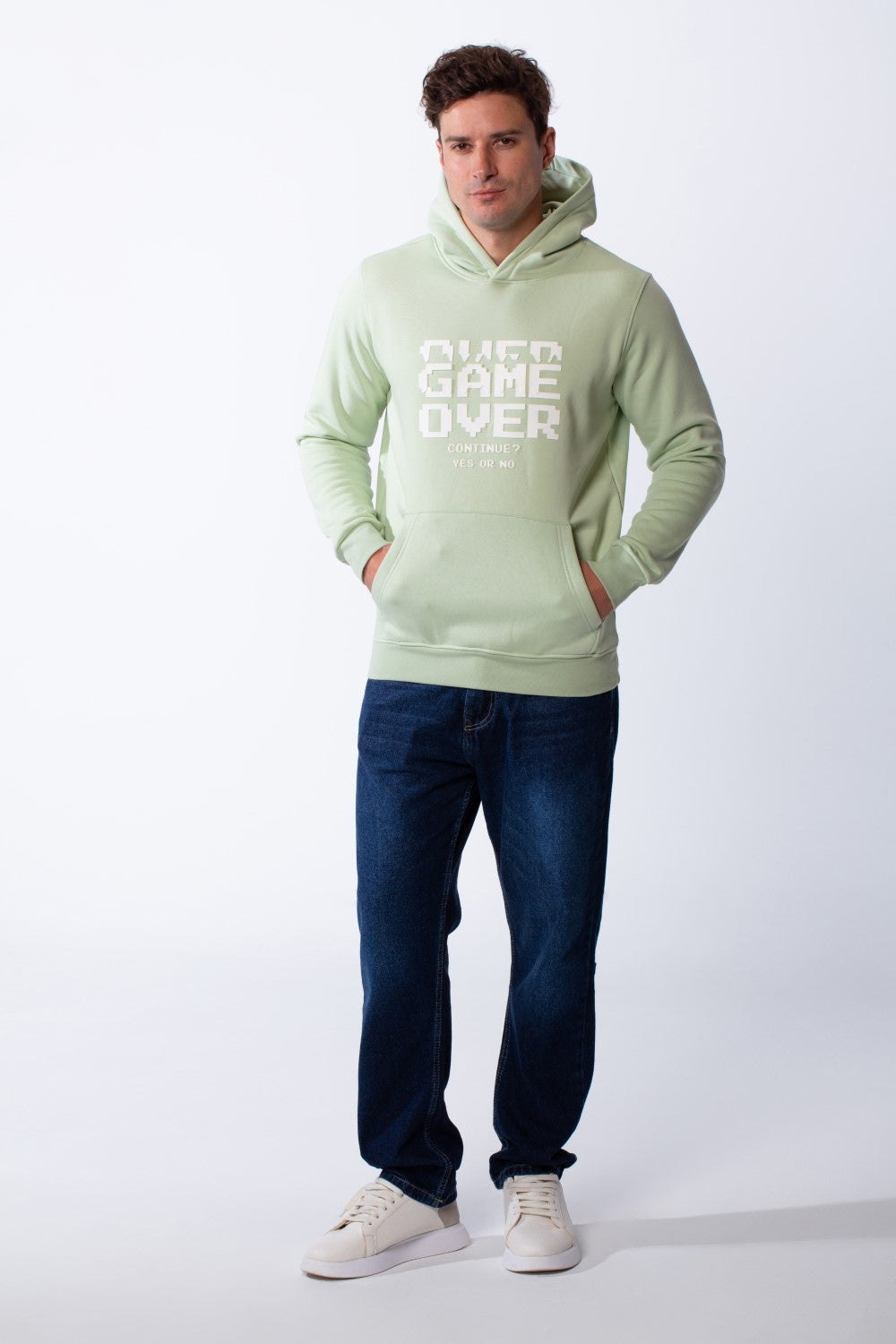 Men's Kangaroo Front Pockets Long Sleeves Design With Hooded Text Print Detail Slim Fit Melton Sweatshirt