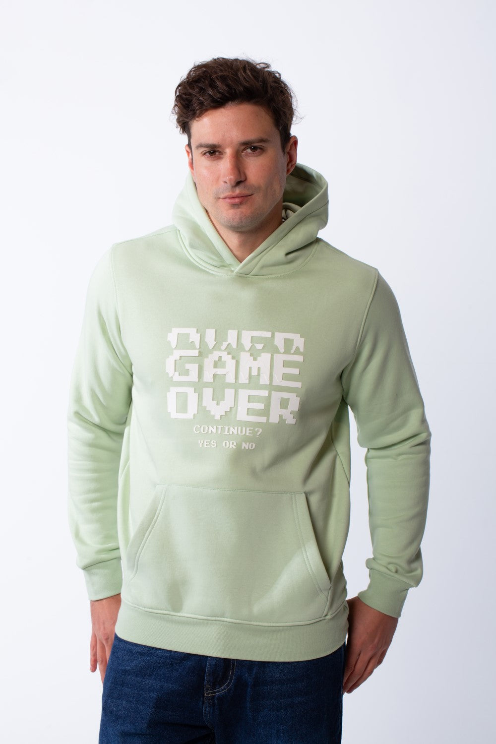 Men's Kangaroo Front Pockets Long Sleeves Design With Hooded Text Print Detail Slim Fit Melton Sweatshirt