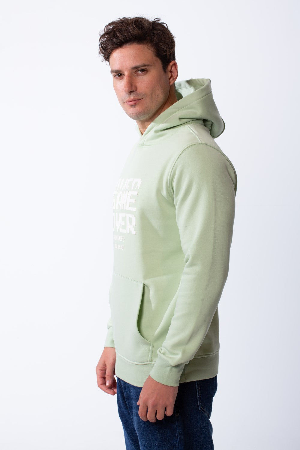 Men's Kangaroo Front Pockets Long Sleeves Design With Hooded Text Print Detail Slim Fit Melton Sweatshirt