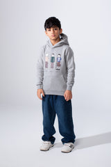Boy's Character Graphic Print hood design Kangaroo Pocket Slim Fit Melton Sweatshirt