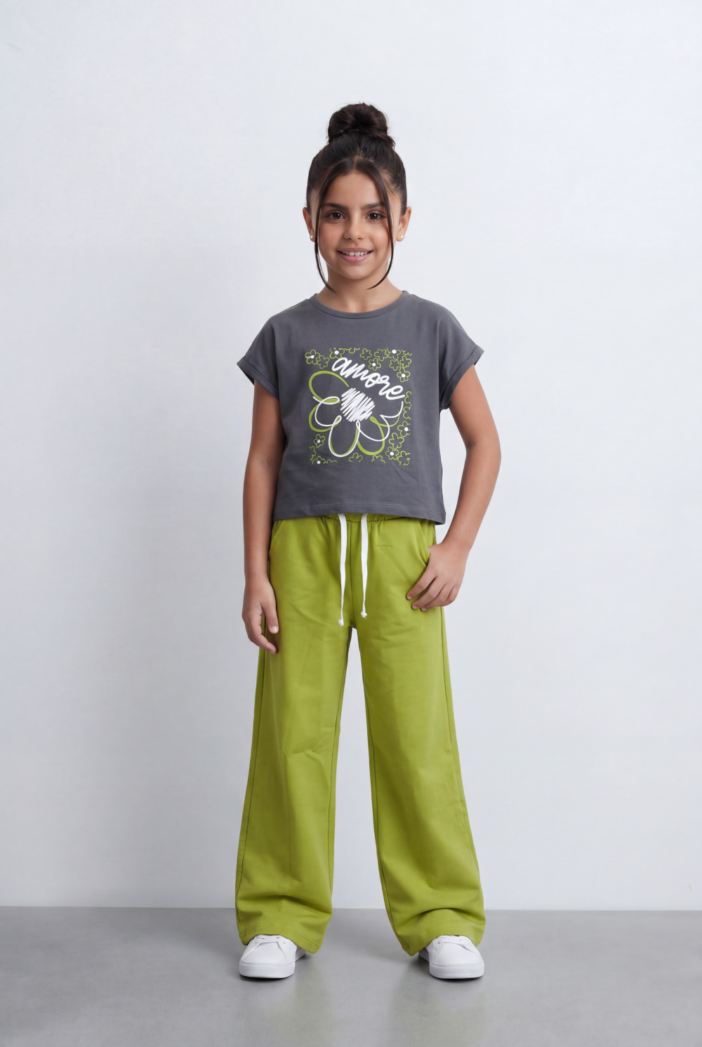 Girl's Graphic Co-Ord Set Featuring Floral Inspired Front Artwork Contrast Typography Detail Outfit
