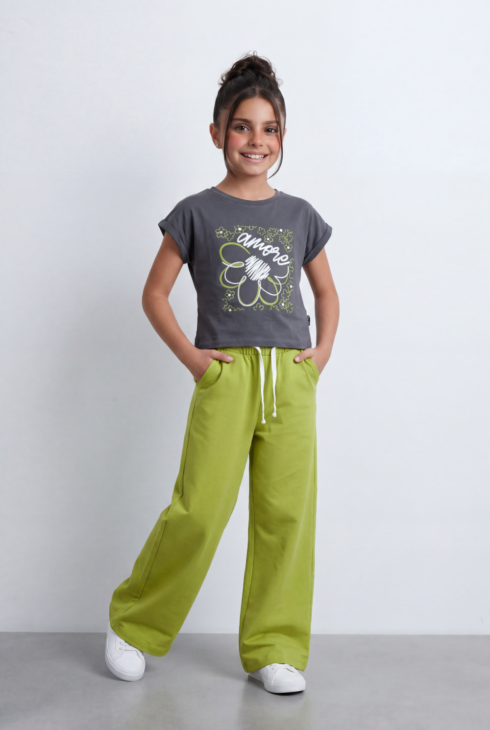 Girl's Graphic Co-Ord Set Featuring Floral Inspired Front Artwork Contrast Typography Detail Outfit