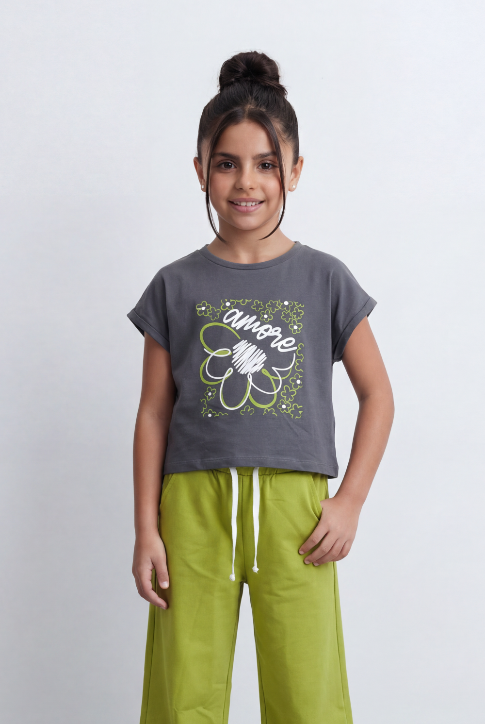 Girl's Graphic Co-Ord Set Featuring Floral Inspired Front Artwork Contrast Typography Detail Outfit