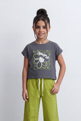 Girl's Graphic Co-Ord Set Featuring Floral Inspired Front Artwork Contrast Typography Detail Outfit