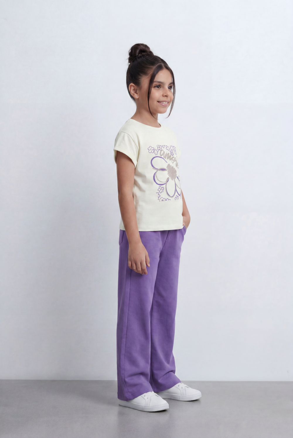 Girl's Graphic Co-Ord Set Featuring Floral Inspired Front Artwork Contrast Typography Detail Outfit
