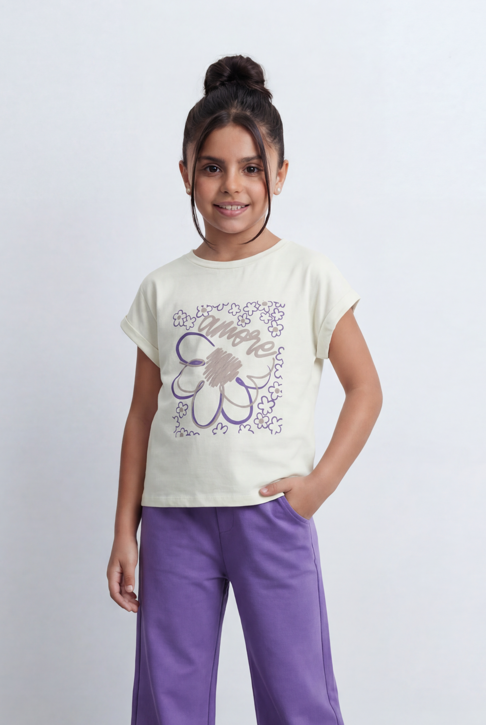 Girl's Graphic Co-Ord Set Featuring Floral Inspired Front Artwork Contrast Typography Detail Outfit