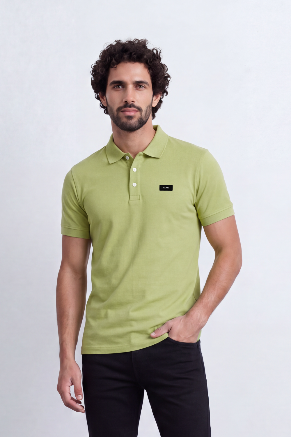 Men's Tomato Store Cotton Pique Polo T-Shirt Minimal Chest Badge Three-Button Placket Clean Collar Detail Tailored Slim Fit